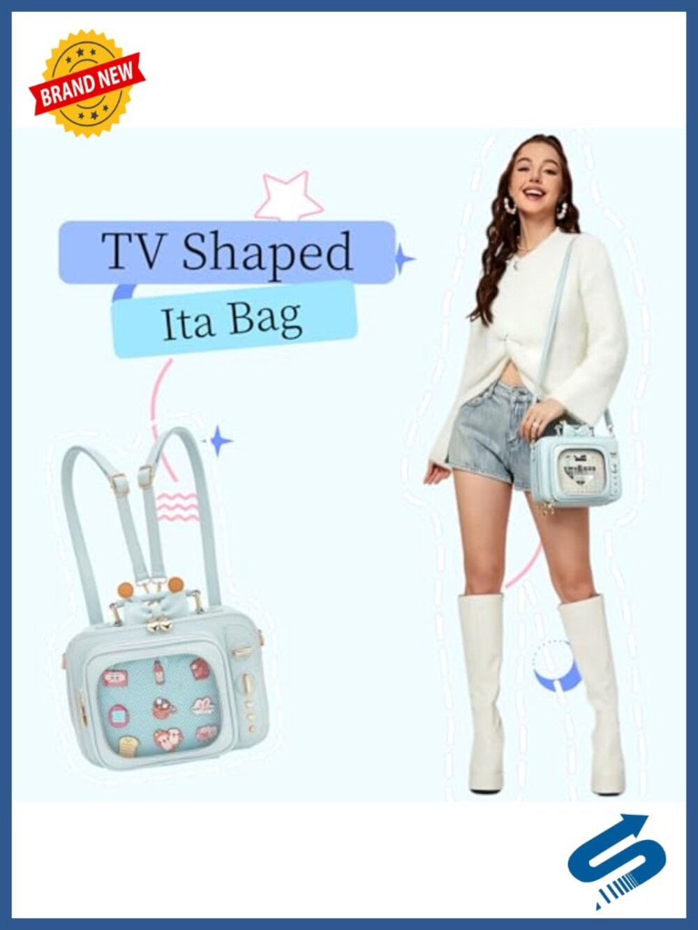Faux Leather TV Shaped Ita Bag Crossbody Backpack Clear Window Pin Display - Picture 4 of 6